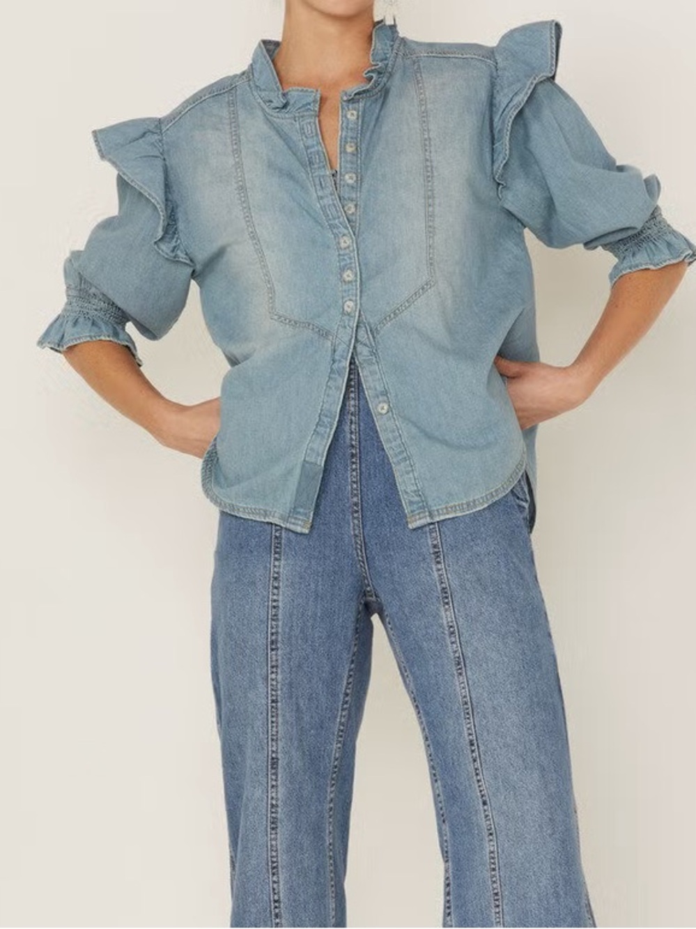 Free People Louise Denim Light Wash Button Down Ruffle Detail Blouse S